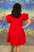 Entro All The Right Moves Dress - Red, tiered, v-neck, mini, plus size, puff sleeves