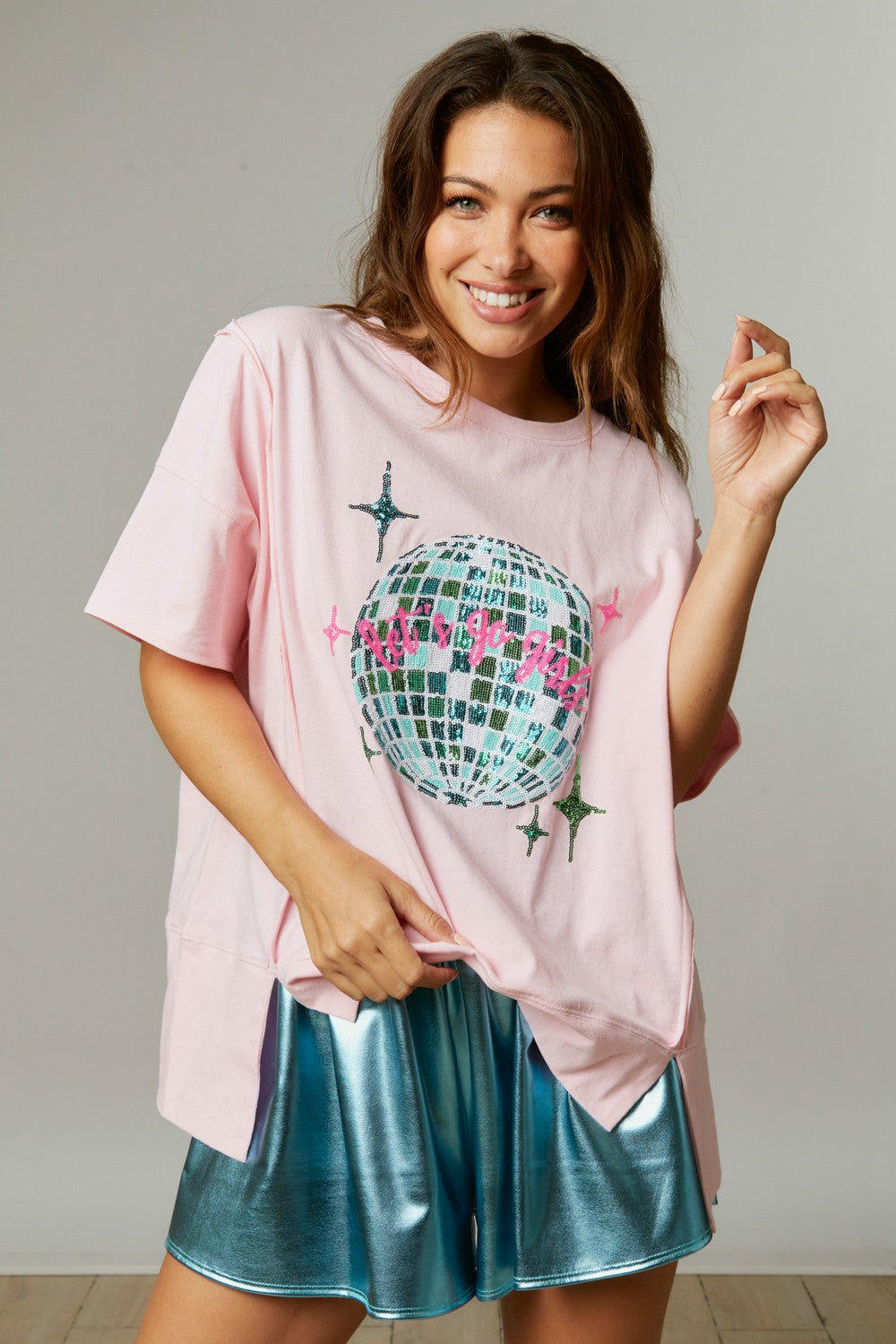 Fantastic Fawn Disco Fever Top - Baby Pink, short sleeves, disco sequin patch, oversized, Lets Go Girls