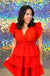 Entro Take Me Out Dress - Red, surplice, mini, ruffled sleeve, tiered skirt
