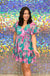 Entro Aloha Desire Dress - Pink Green, v-neck, short sleeve, puff sleeve, mini, floral, print, tiered, babydoll