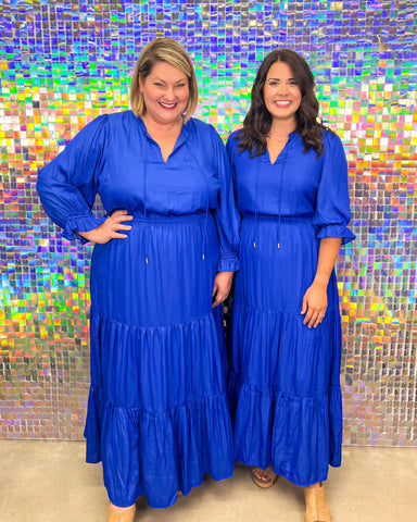 Skies are Blue Fall For Me Maxi Dress -Royal Blue, long sleeve, tie v-neck, tiered, maxi, plus