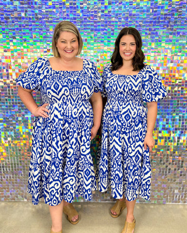 Jodifl Forever Young Midi Dress - Royal, square neck, smocked, midi, short sleeve, puff sleeve, tiered, print, plus size
