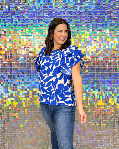 Umgee Sassy And Classy Top - Blue, plus size, print, floral, tiered flutter sleeve, wear to work