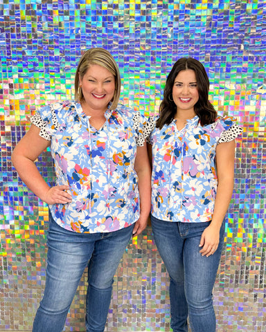 Umgee Wild Flowers Top - Light Blue Mix, pattern, tiered, short sleeve, v-neck, plus size