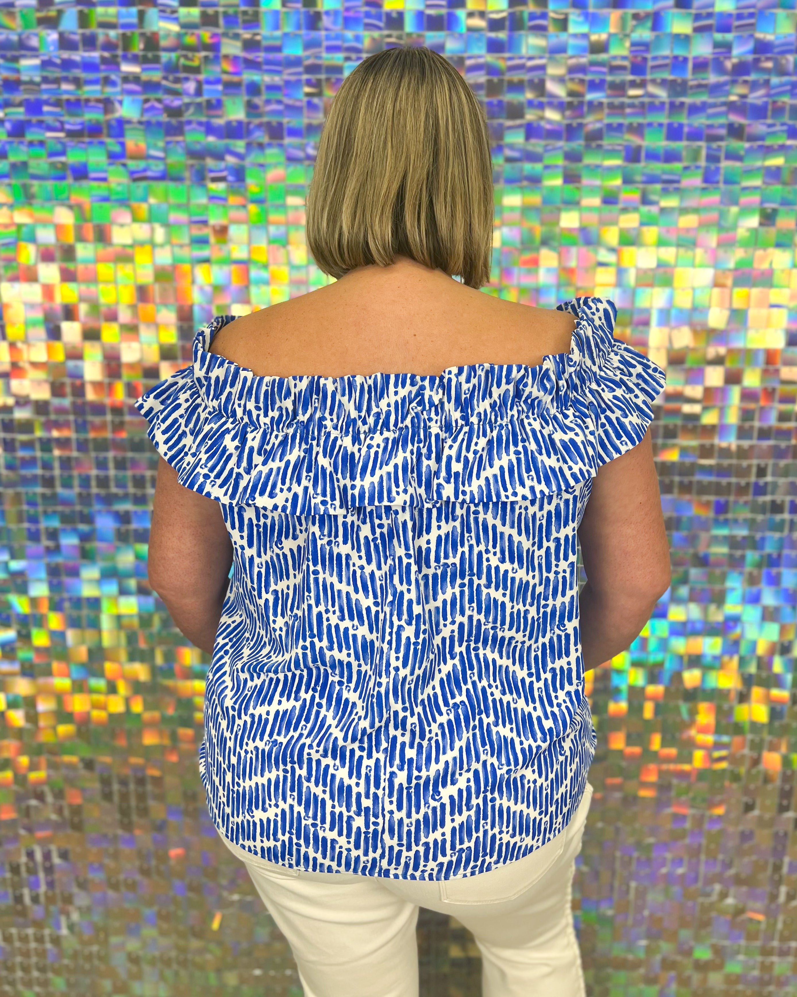 Skies Are Blue Islander Vibes Top - Blue, strapless, off shoulder, ruffle, print, plus size
