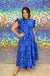 Jodifl Spot Me Midi Dress - Navy, smocked, ruffle, tiered, abstract, print, mock neck
