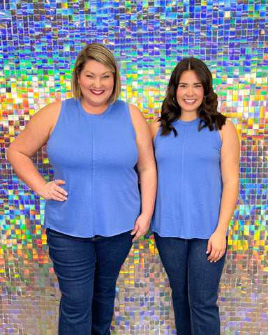 Mud Pie Dempsey Swing Tank -blue, sleeveless, exposed center seam, ribbed panels at side, plus size