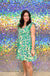 Umgee Frankie Dress - Green, v-neck, babydoll, tiered, short flutter sleeves, printed, mini dress