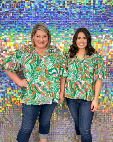 Entro Cady Top - Green, plus size, print, v-neck, short sleeve, puff sleeve
