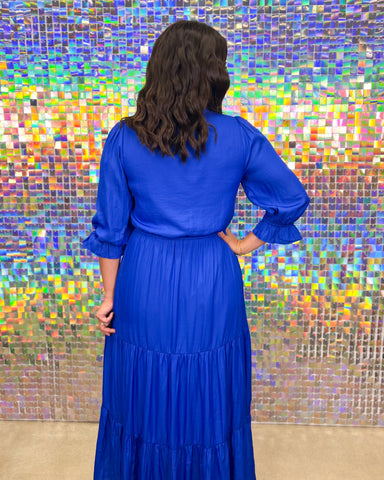 Skies are Blue Fall For Me Maxi Dress -Royal Blue, long sleeve, tie v-neck, tiered, maxi, plus