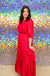 Fall For Me Maxi Dress - Cherry, long sleeve, tie v-neck, tiered, maxi, plus, pink, red
