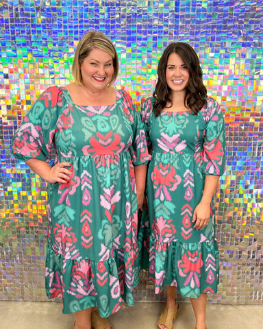 Michelle McDowell Taylor Dress - Sunday Stroll Teal, square neck, printed, 3/4 sleeve, tiered, midi, curvy