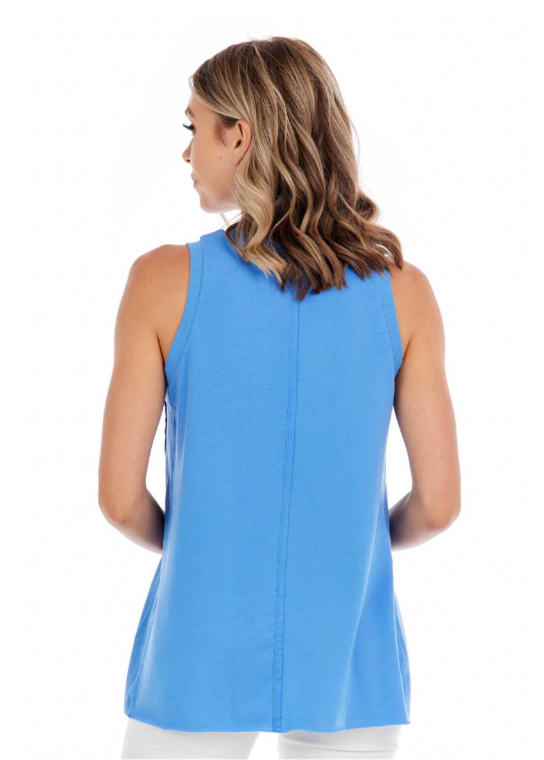Mud Pie Dempsey Swing Tank -blue, sleeveless, exposed center seam, ribbed panels at side, plus size