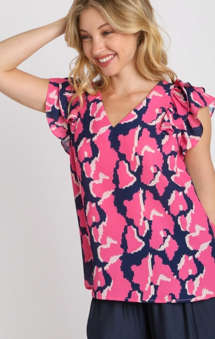 Umgee Ella Top - Midnight Mix, v-neck, short flutter sleeves, abstract print, plus size