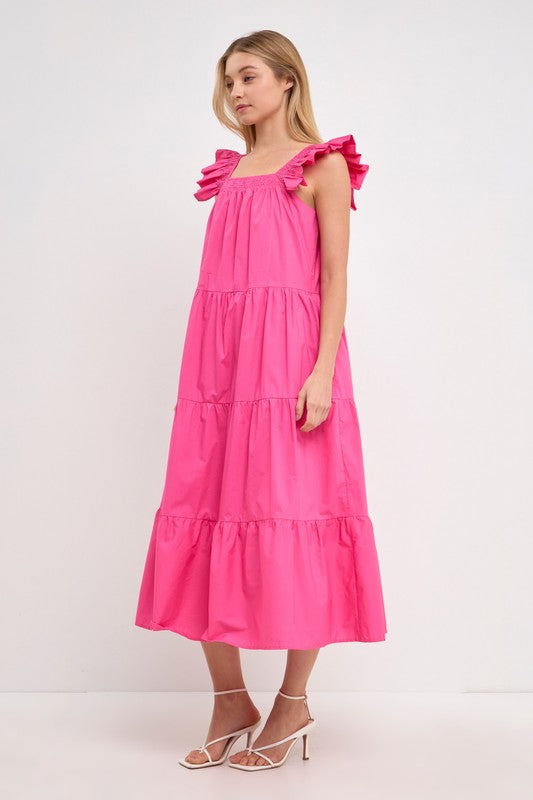 English Factory Dawn Dress- Pink, short ruffle sleeves, tiered, square neck