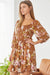 Andree by Unit Donna Dress - Rust, 3/4 sleeve, smocked bodice, floral print, balloon sleeve, square neckline, curvy