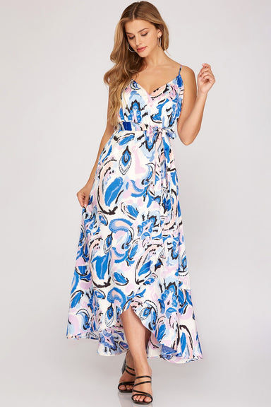 She+Sky Fonda Dress-Blue/lilac, tie cami, printed, ruffle wrap hem