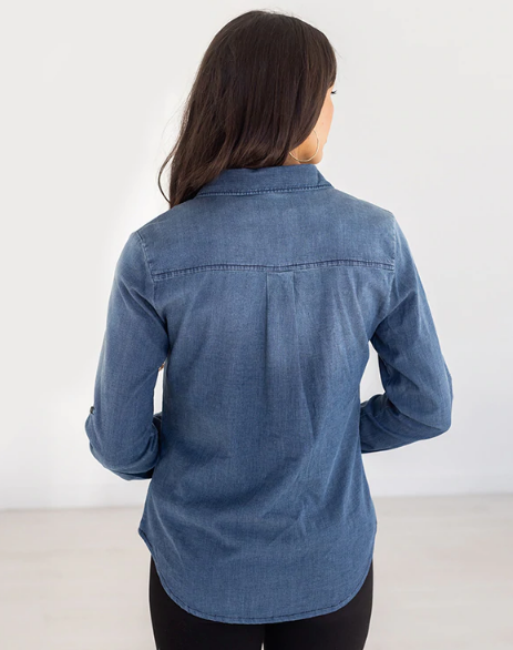 FINAL SALE Grace & Lace Lace Stretch Chambray Button Up - Classic Wash