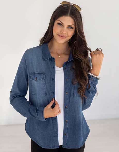 Grace & Lace Lace Stretch Chambray Button Up - Classic Wash