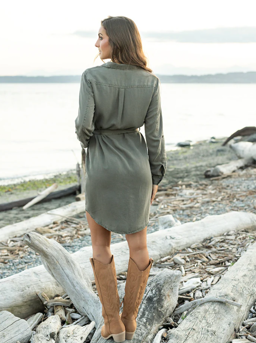 Grace & Lace Tencel Utility Dress - Dusty Olive, long sleeve, button down, collared, front pockets, curvy