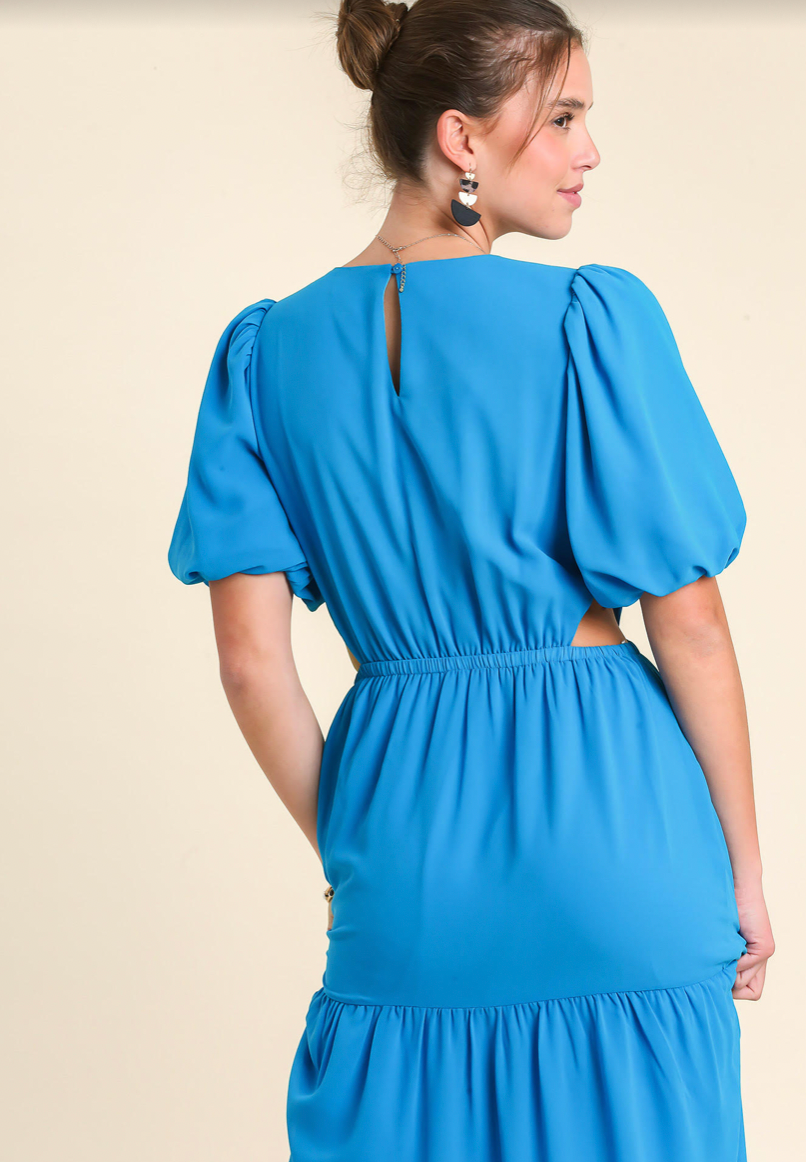 Umgee Aria Dress - Ocean, short puff sleeves, maxi side cut outs, keyhole back