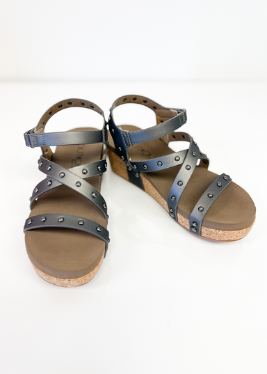 Corky's Under The Sun Wedge Shoe - Pewter, wedge, strappy, straps, ankle strap, studs, comfrot footbed