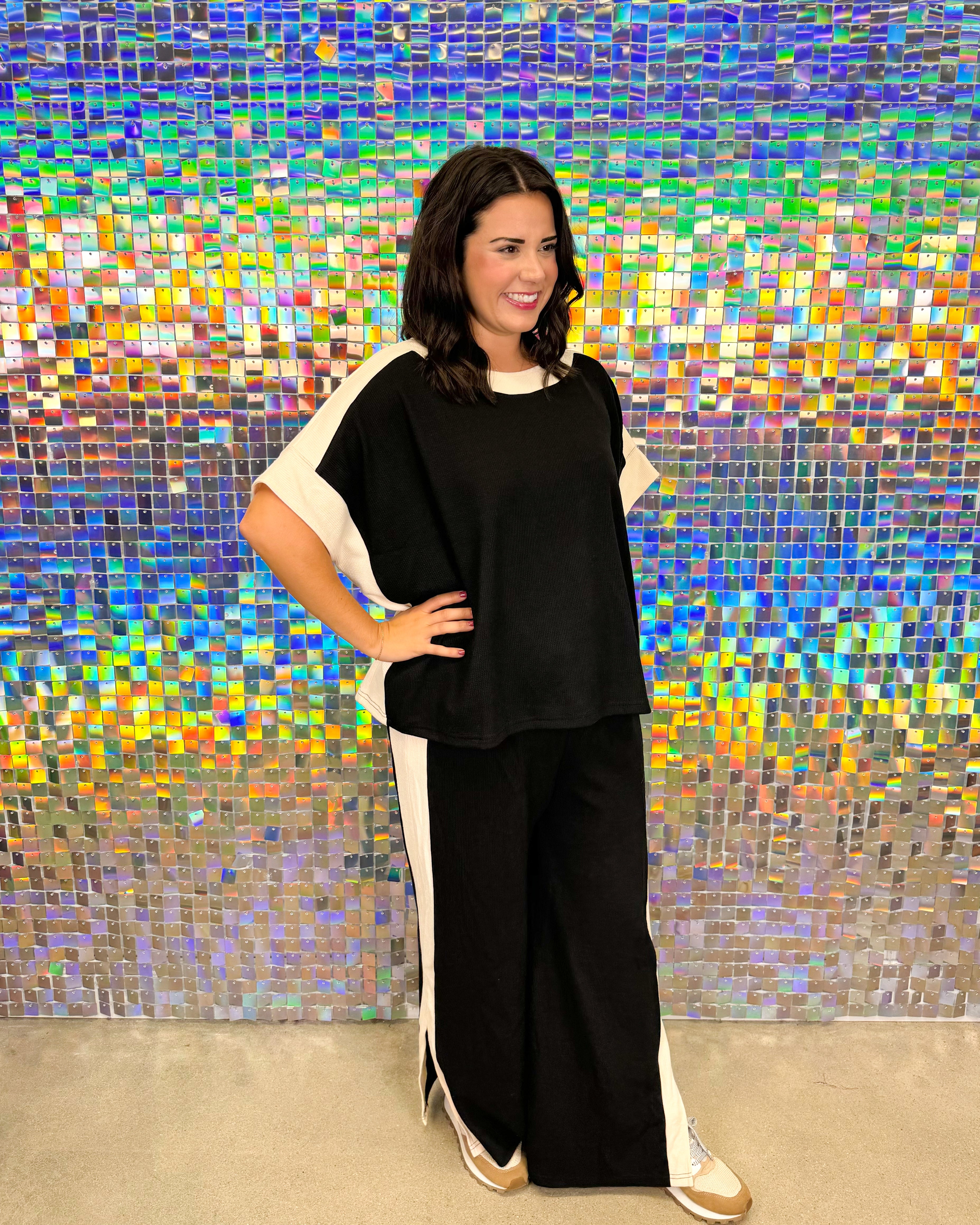 Entro Keeping It Casual Set - Black, color block, plus size, white, stripe, wide leg, slit hem, drawstring pants, oversized, flowy top