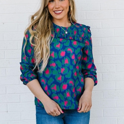 Michelle McDowell Carter Top - Fancy Like Navy, plus, round neck, ruffle, long sleeve, floral, print, pintuck