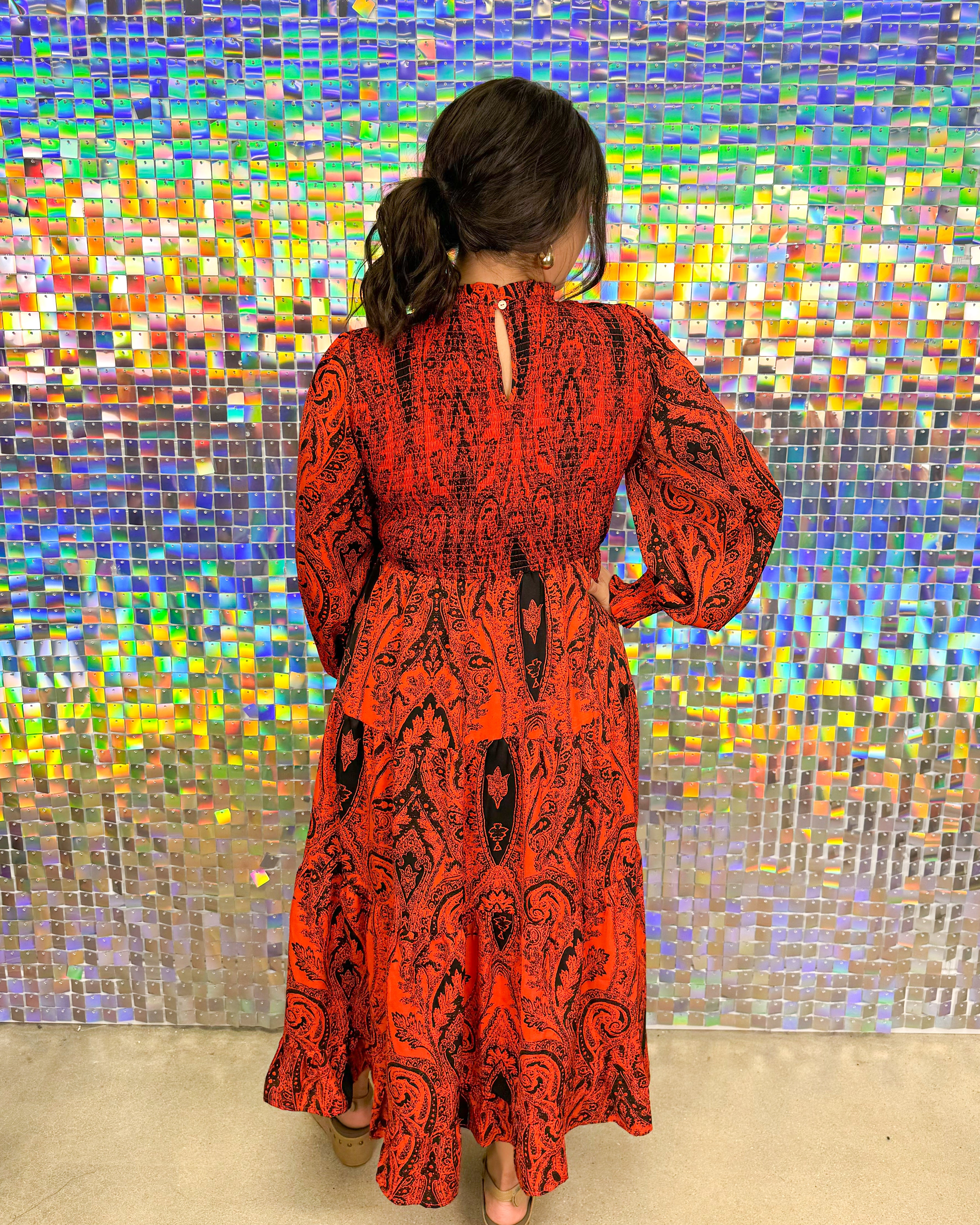 Jodifl Bracken Dress - Burnt Orange, smocked, long sleeve, print, paisley, black, round neck, maxi