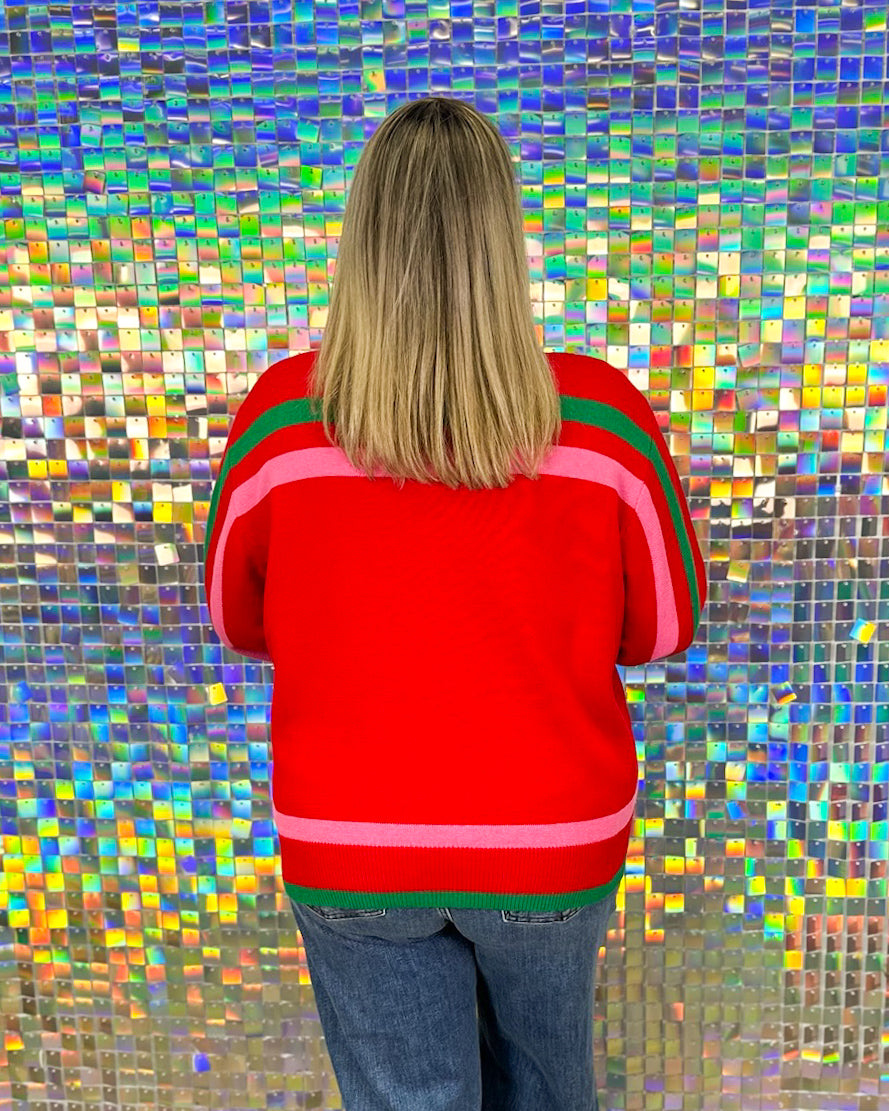 Queen of Sparkles ‘Sleigh Queen’ Stripe Sweater - Red/Green/Pink