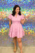 Entro Cottage Care Dress - Pink, v-neck, puff sleeve, tiered, elastic waist