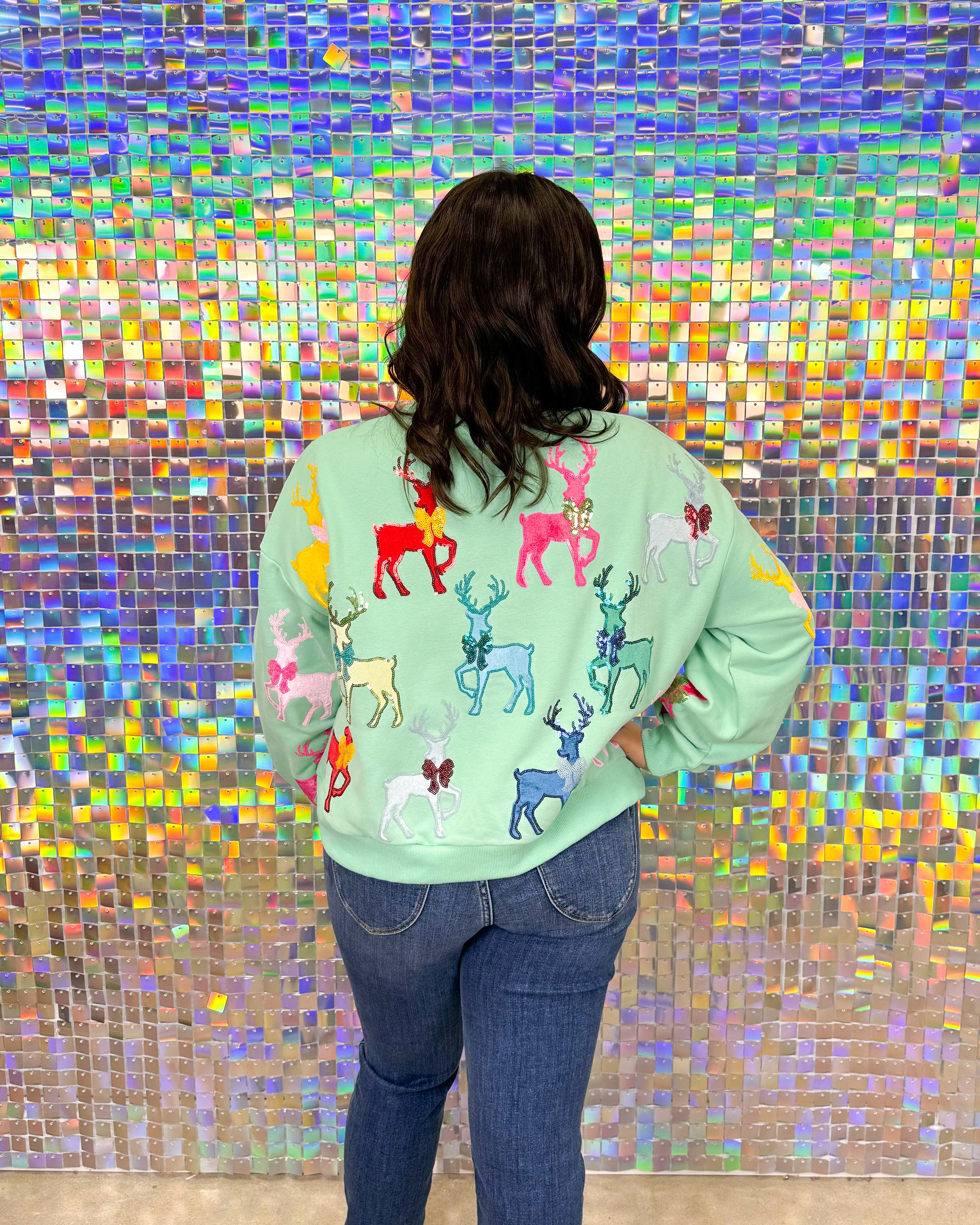 Queen of Sparkles Velvet Reindeers & Bows Sweatshirt - Mint Green