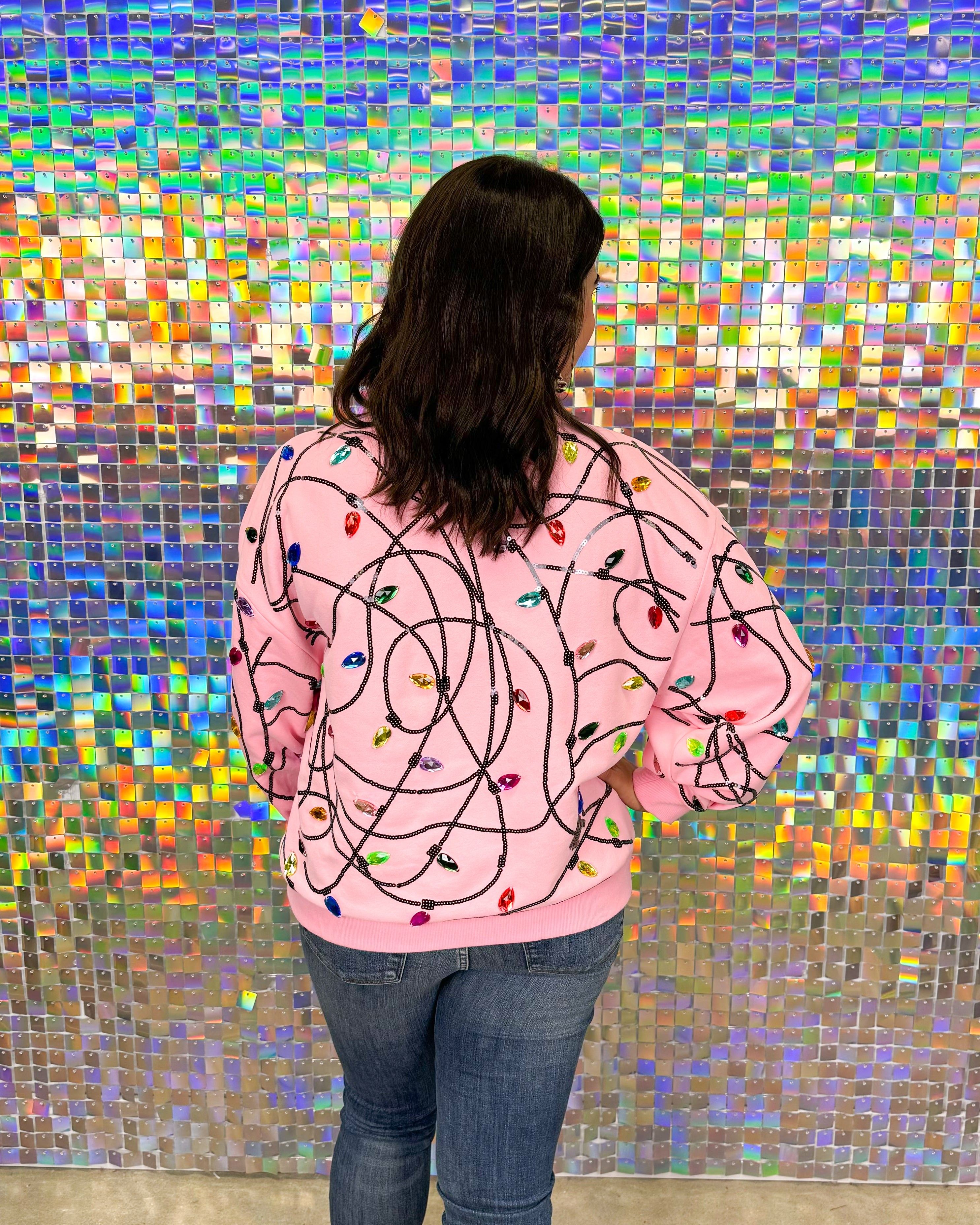 Queen of Sparkles Jeweled Christmas Lights Sweatshirt - Pink