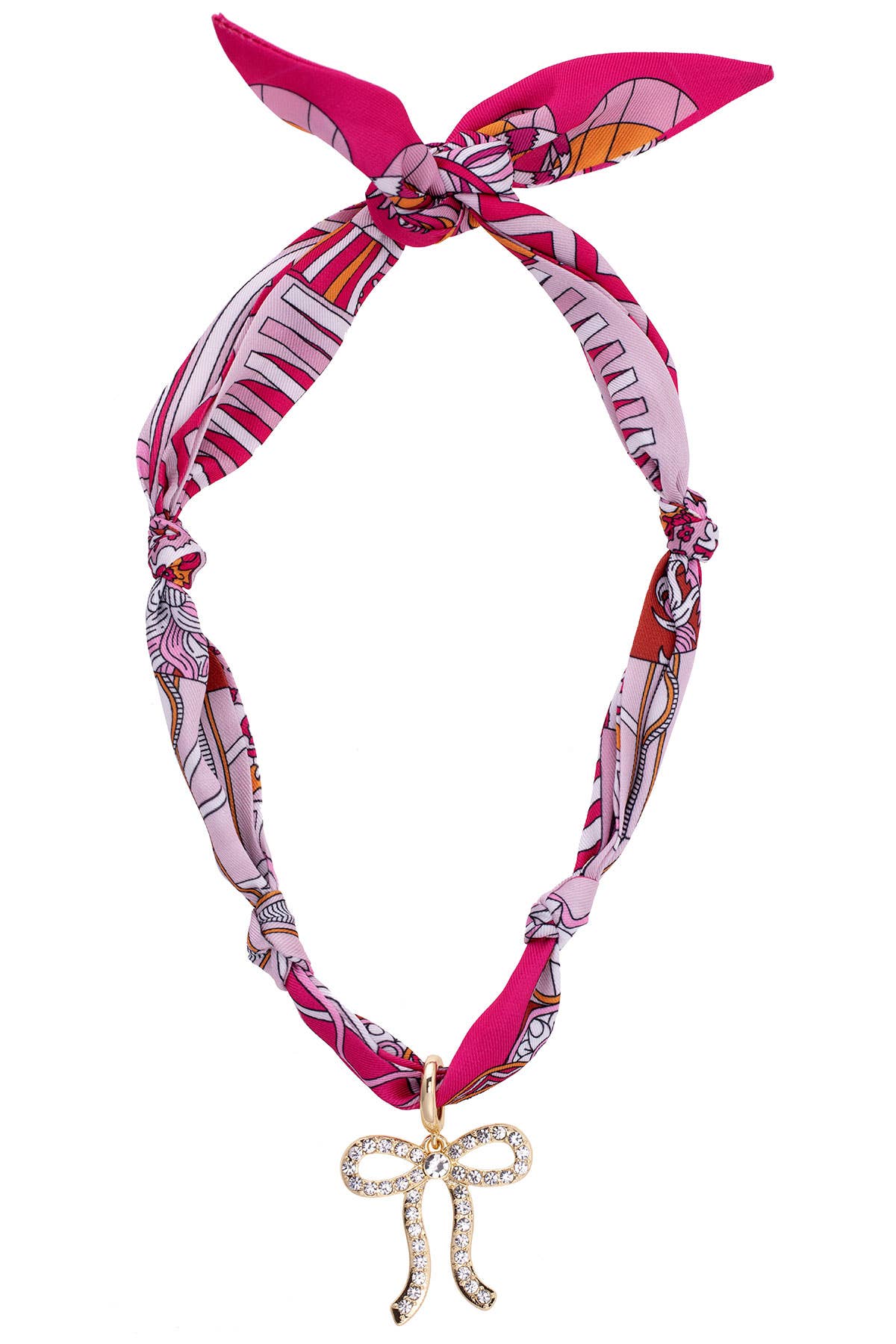 Cassie Pave Bow Scarf Necklace in Fuchsia/Orange/White