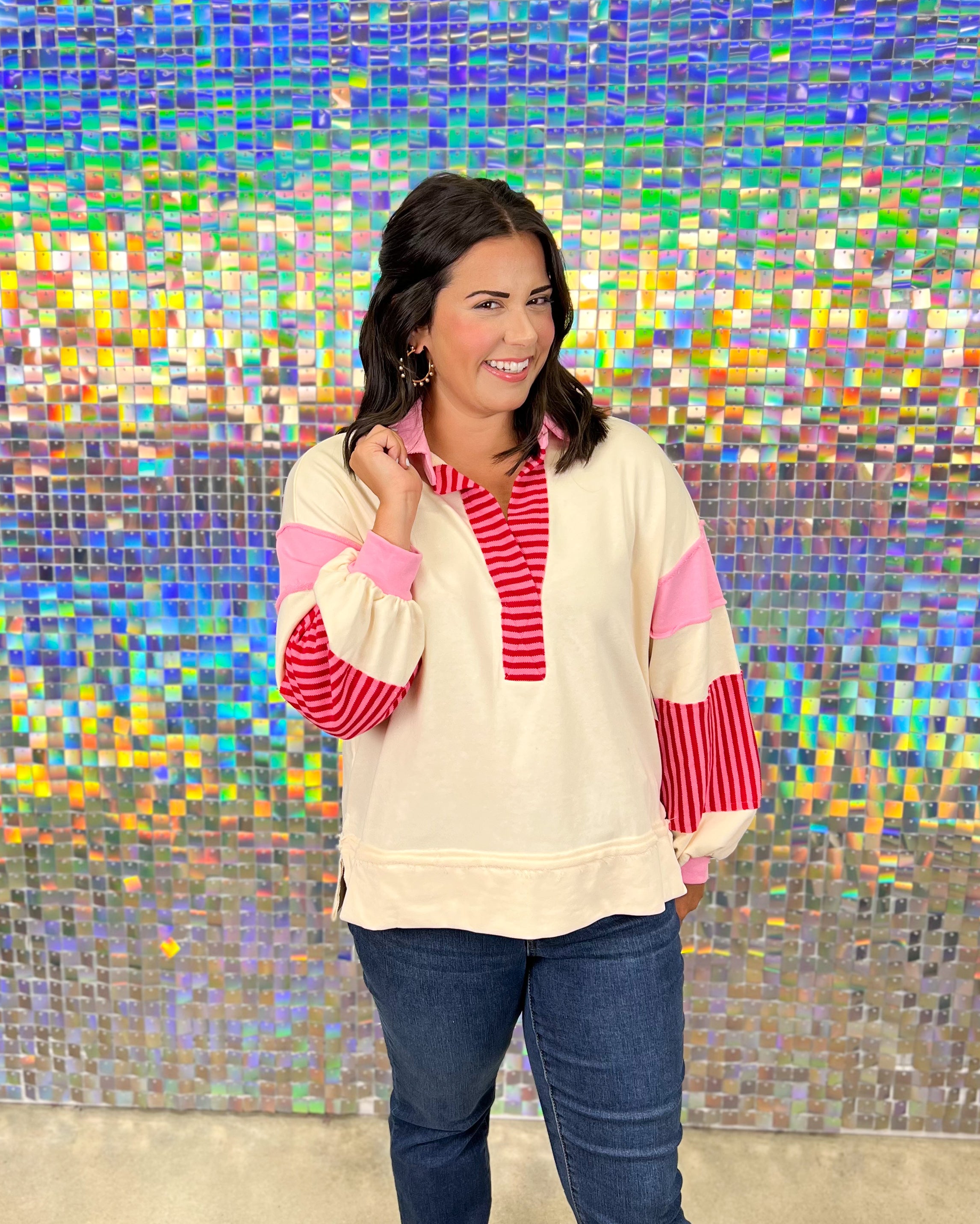 Entro Millie Sweatshirt - Ecru, stripe, preppy, collar, pink, red, plus size