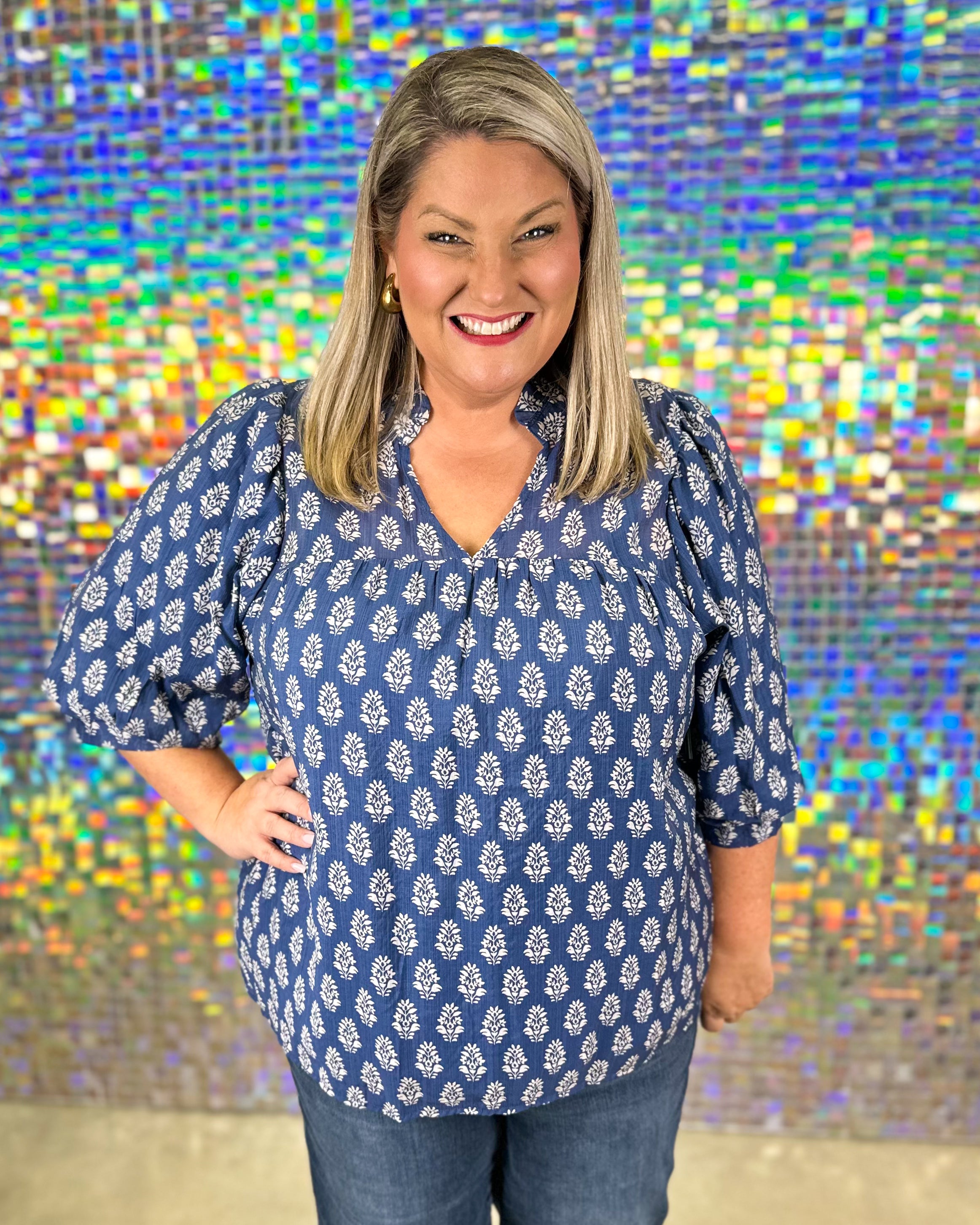 Rhodes Top - Blue/Cream