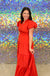 Entro Double Take Dress- red, short puff sleeve, v-neck, ruffle neck, tiered, elastic waist, maxi, plus size