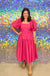 Entro The Statement Dress - Magenta, puff sleeve, tiered, smocked, short sleeve, square neck