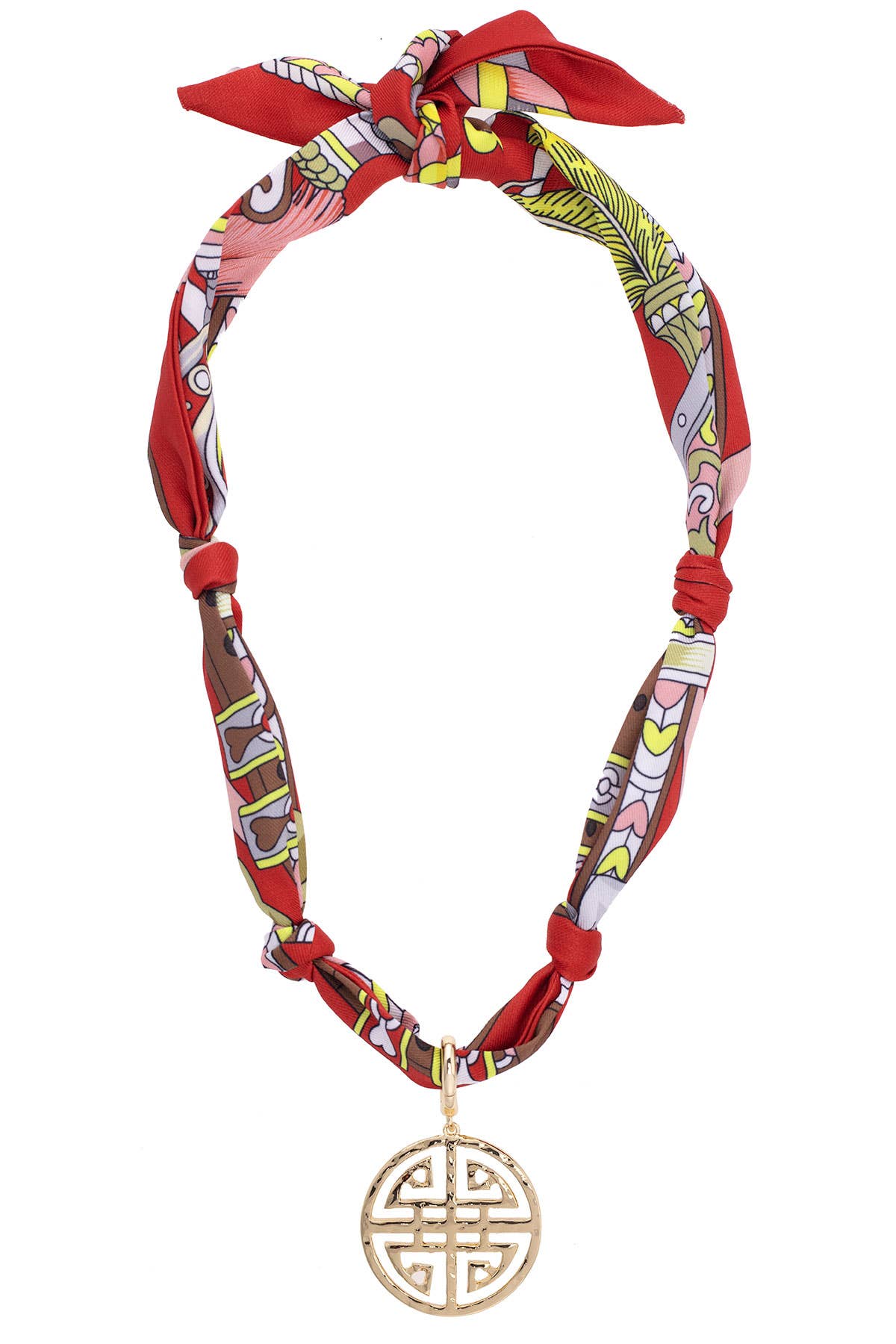 Cora Greek Keys Scarf Necklace in Red/Brown/Yellow