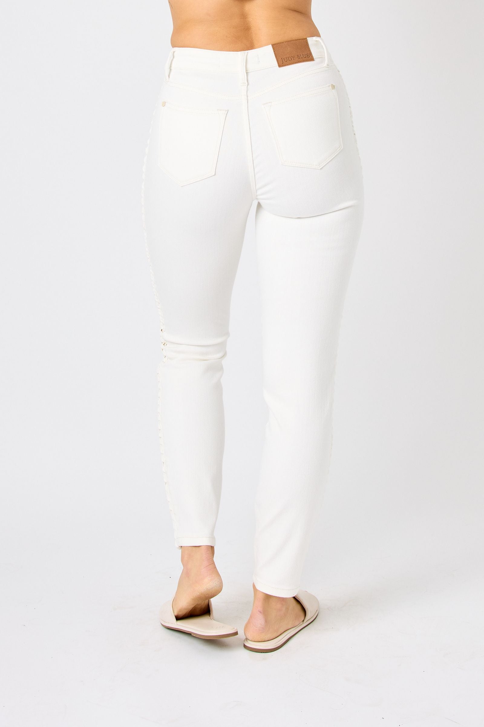 Judy Blue Take Me Out To The Ballgame Mid Rise Relaxed Braided Jeans - White