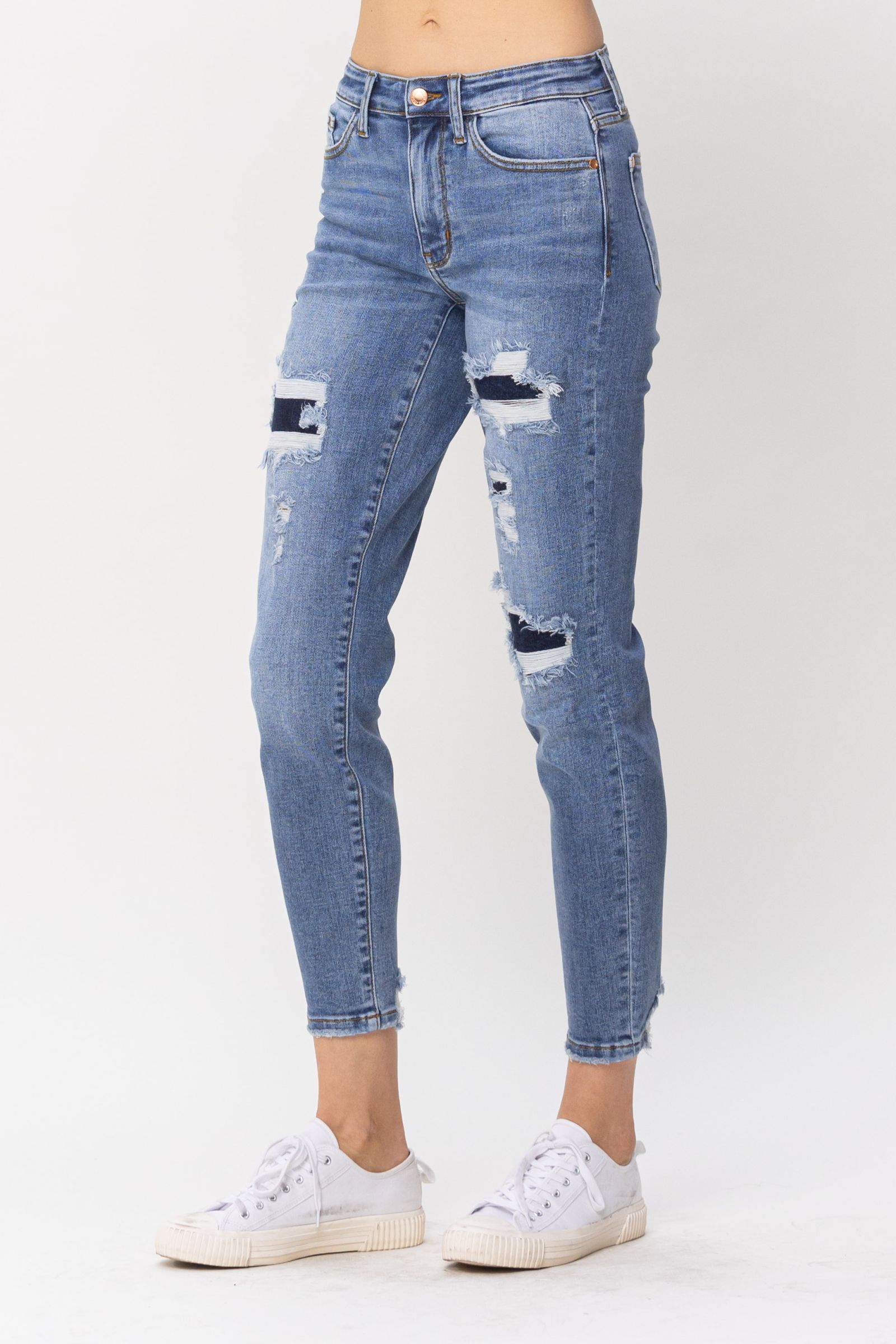 Judy Blue Gloria Mid-Rise Relaxed Fit Patch Distressed Jeans - Medium Wash