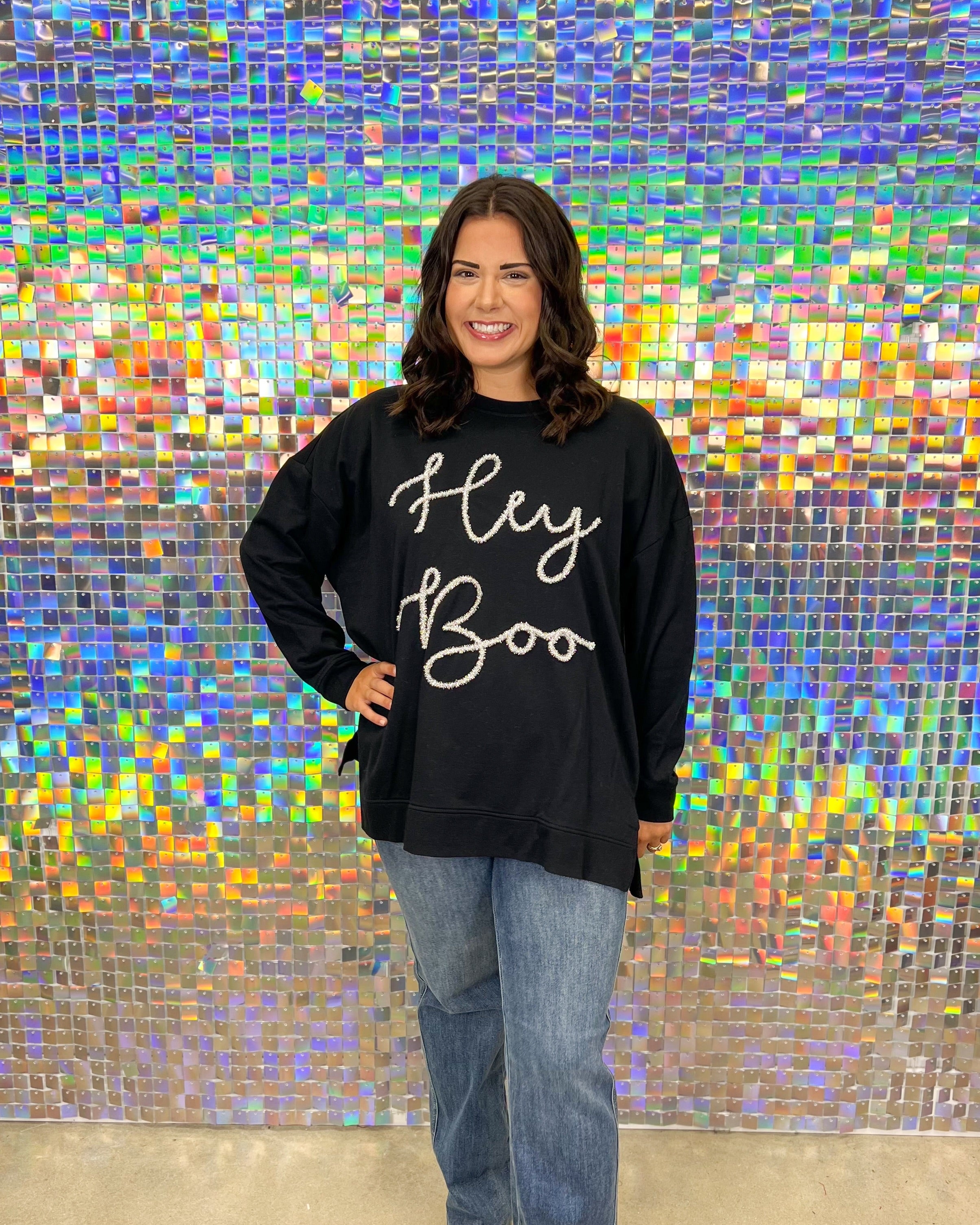 Mud Pie Hey Boo Halloween Sparkle Sweatshirt - Black