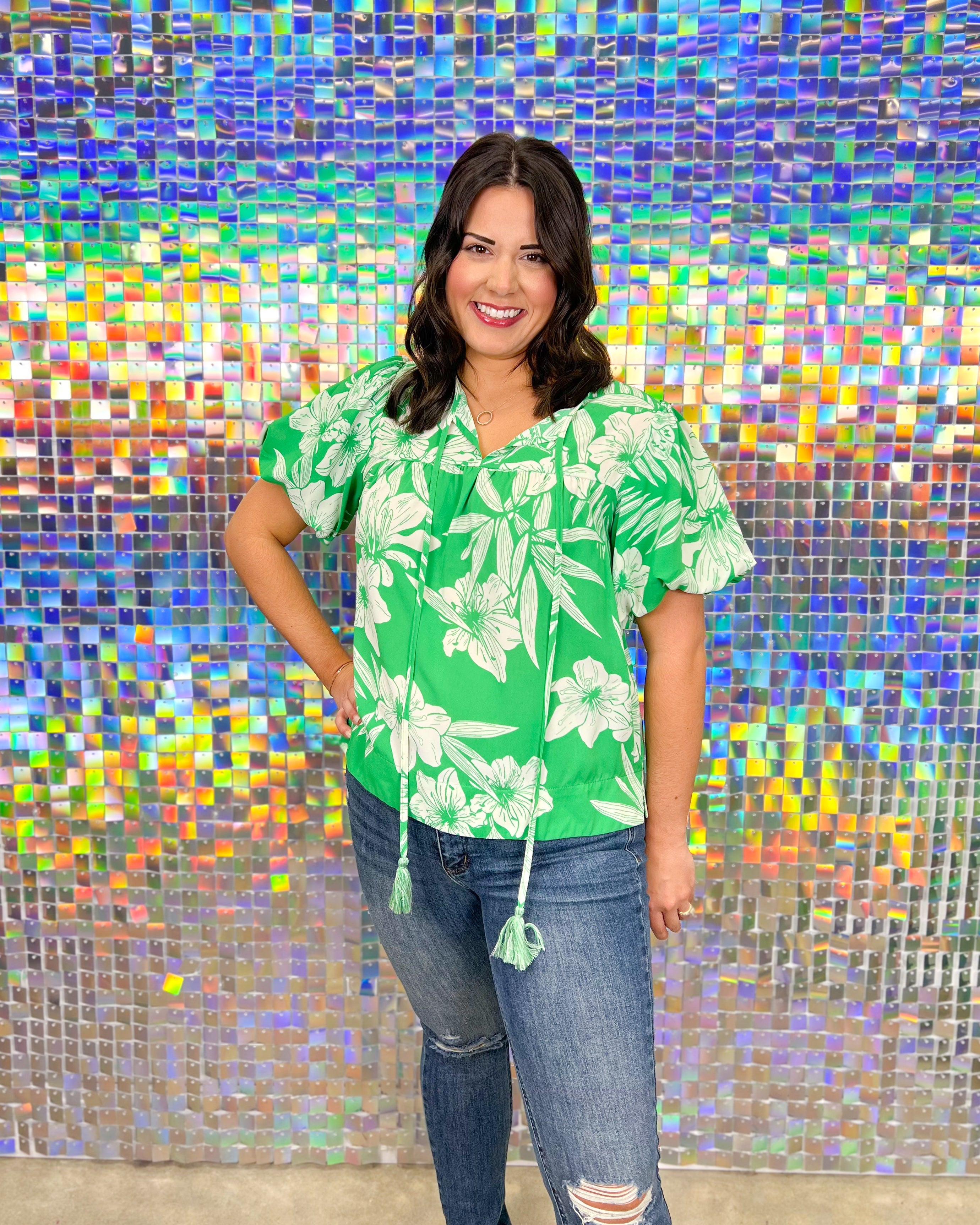 Jodifl Hawaiian Dreams Top - Green, print, tropical, green, white, v-neck, puff sleeve, tassel