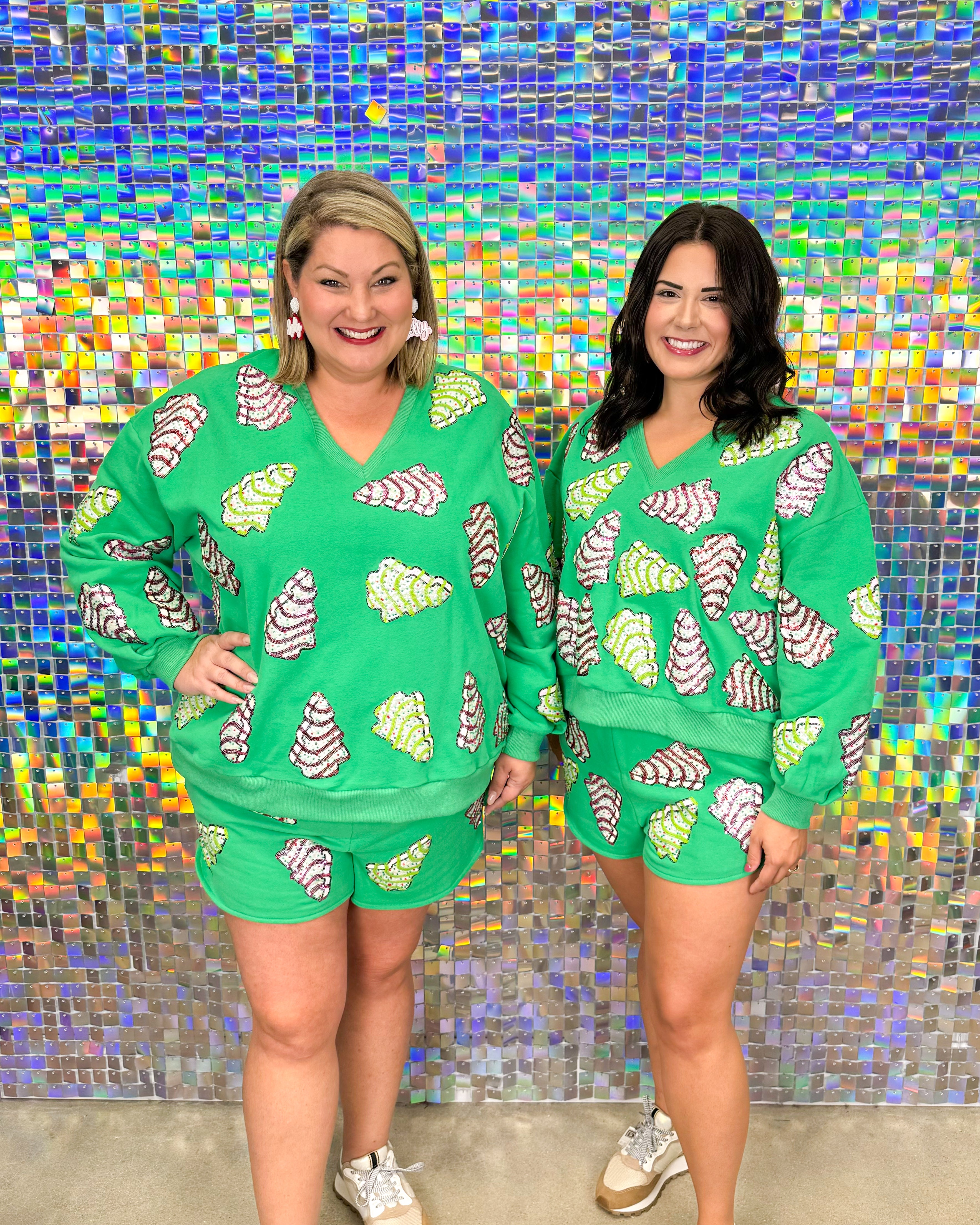 Queen of Sparkles Little Debbie Trees V-Neck Sweatshirt & Shorts Set - Green