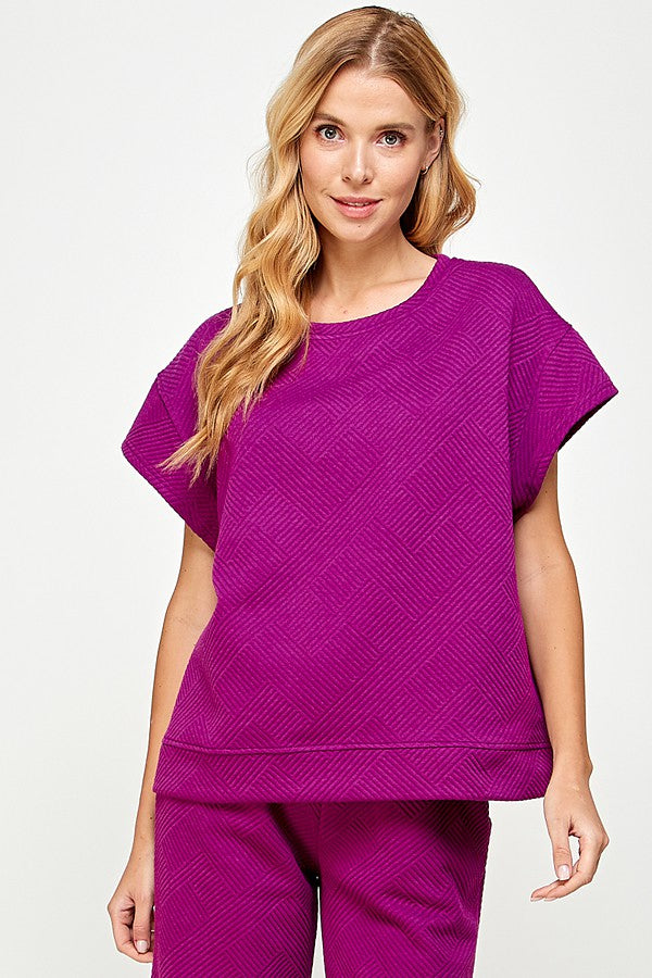 See and Be Seen Luxe Travel Top- Magenta, short sleeves, rounded neck, textured, curvy