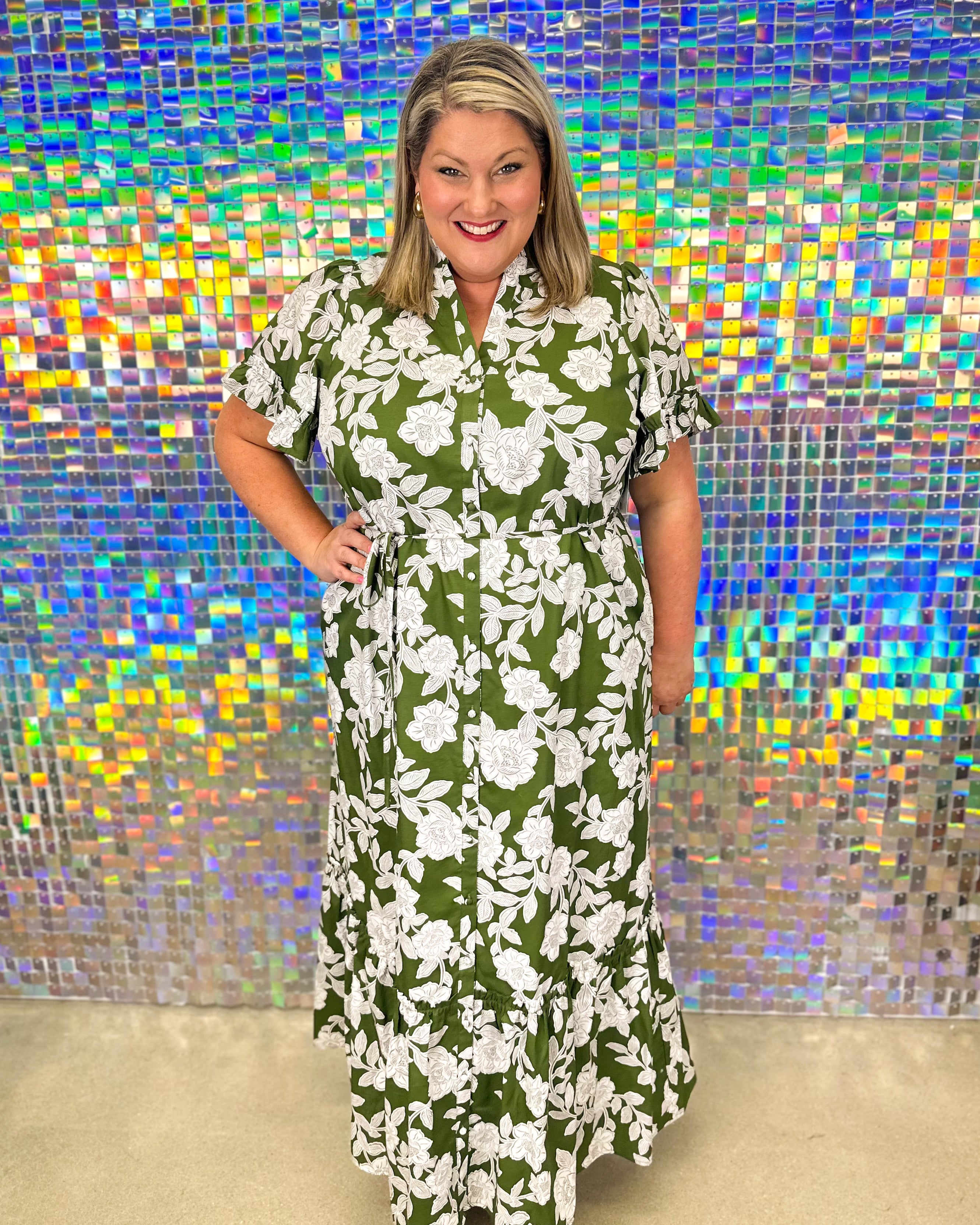 Haizley Button Up Maxi Dress - Cream/Green