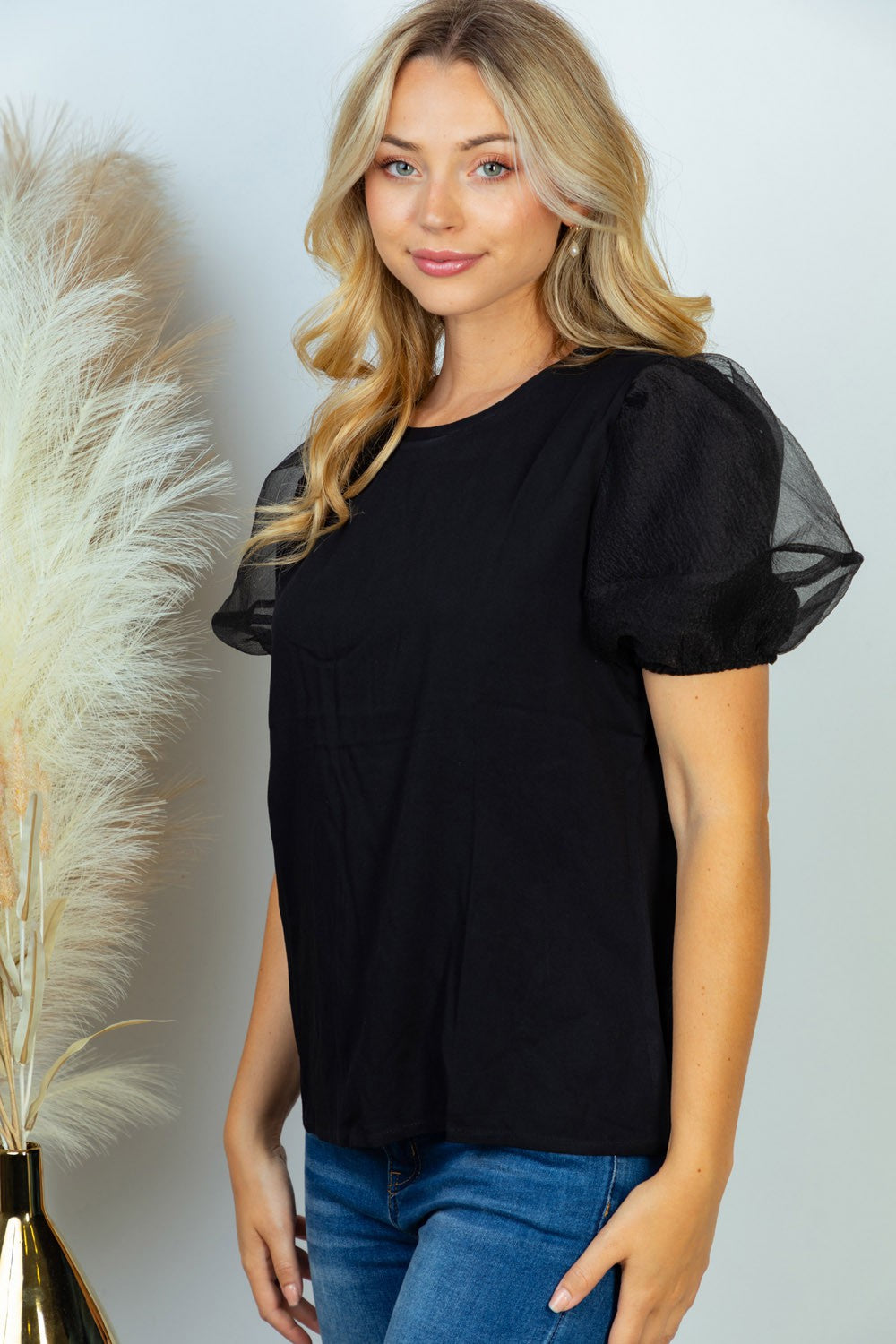 White Birch Slay the Day Away Top - Black, short organza puff sleeves, rounded neck, curvy