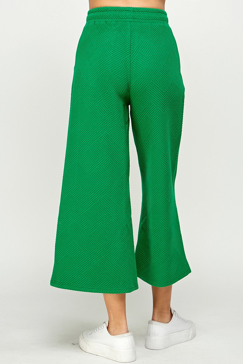 See and Be Seen Luxe Travel Pants- Green, cropped, wide leg, textured, drawstring elastic waist, pockets, curvy