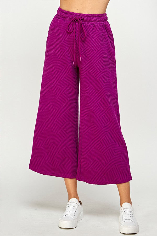 See and Be Seen Luxe Travel Pants- Magenta, cropped, wide leg, textured, drawstring elastic waist, pockets, curvy