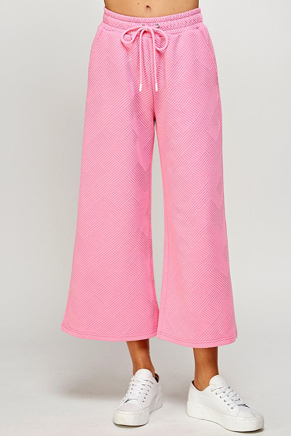 See and Be Seen Luxe Travel Pants- Bubble Gum, cropped, wide leg, textured, drawstring elastic waist, pockets, curvy